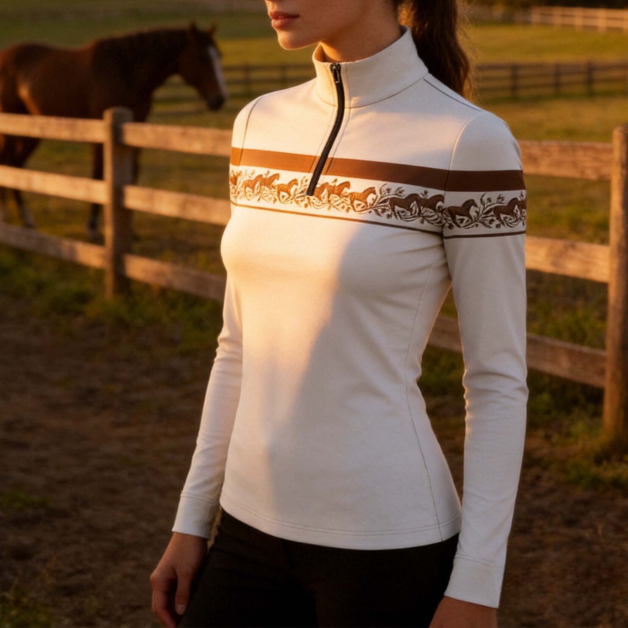 Golden sunset pasture wooden fence shot of female rider wearing off-white warm brown running horse border stripe long sleeve equestrian riding top