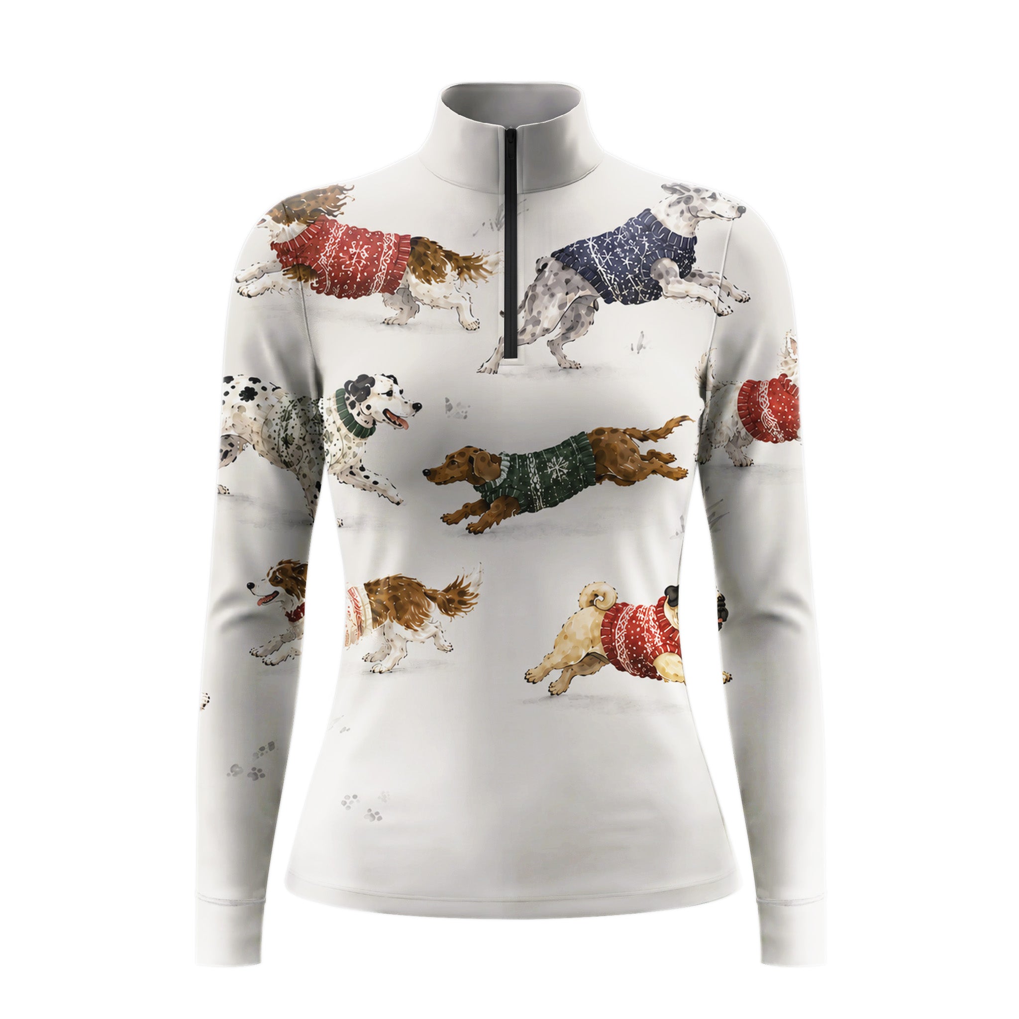 White background studio shot of off-white base full allover watercolor multi-breed running dogs colorful knit sweaters long sleeve quarter zip riding top
