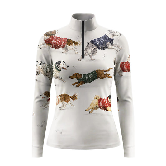 White background studio shot of off-white base full allover watercolor multi-breed running dogs colorful knit sweaters long sleeve quarter zip riding top
