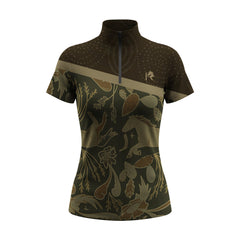 Studio flat view of the Olive Green Woodland Horse Print Short-Sleeve Quarter-Zip Riding Top, showcasing the full print details
