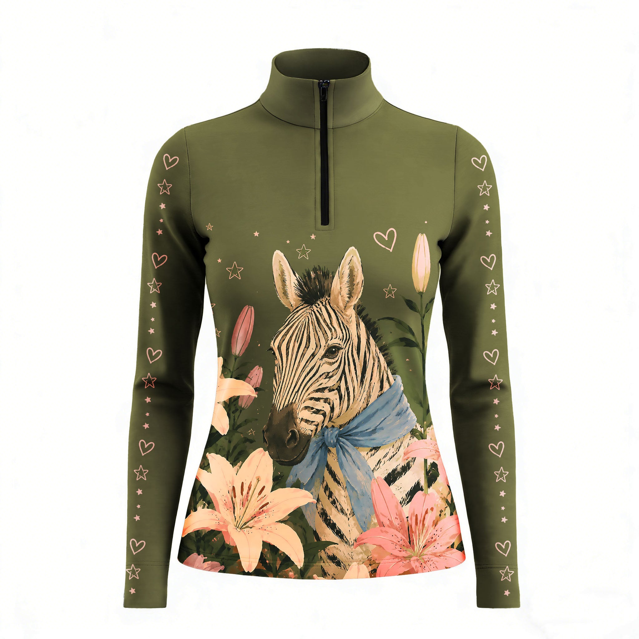 Studio white‑background product mockup of women’s olive‑green long‑sleeve quarter‑zip riding top with full zebra lily floral and pink heart‑star sleeve artwork