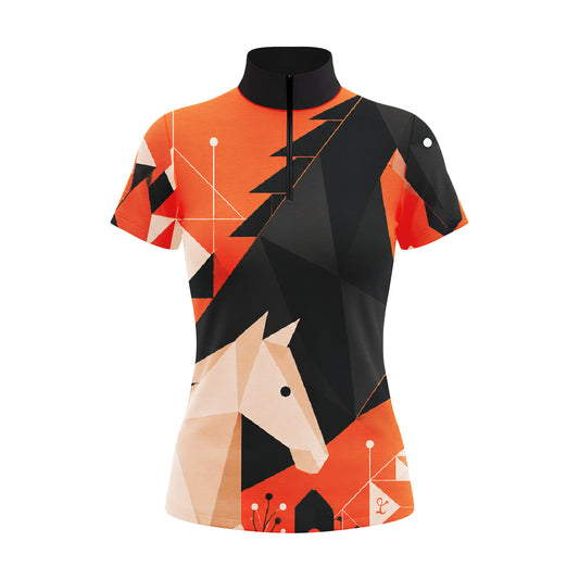 White background studio product shot of full orange black polygonal block minimalist white horse head graphic print short sleeve quarter-zip riding top
