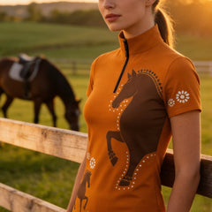 Side profile model leaning on wooden pasture fence wearing vibrant folk horse riding top in golden sunset countryside pasture