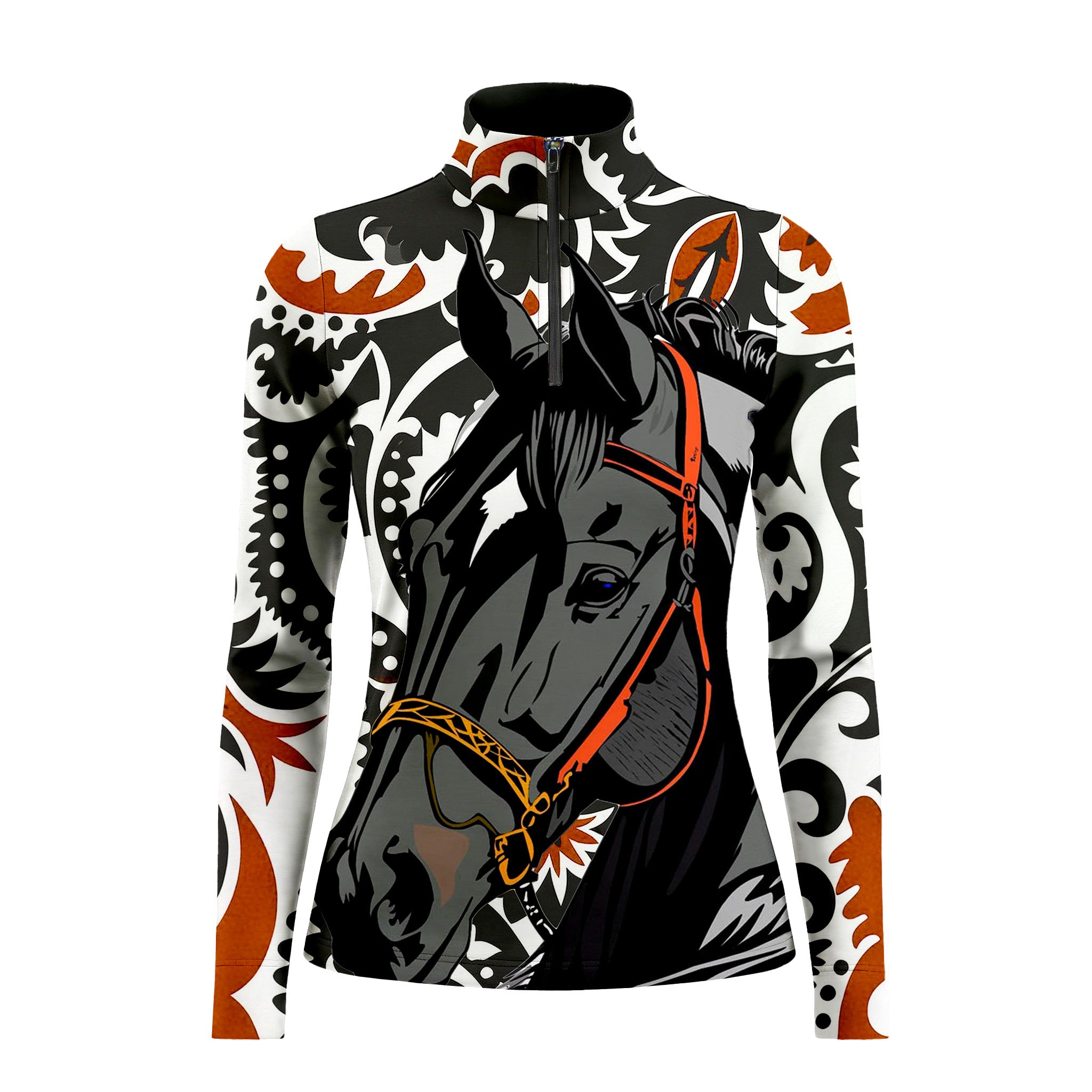 White background studio shot of retro western paisley scroll dark horse allover print long sleeve quarter zip riding top