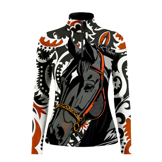 White background studio shot of retro western paisley scroll dark horse allover print long sleeve quarter zip riding top