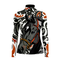 White background studio shot of retro western paisley scroll dark horse allover print long sleeve quarter zip riding top