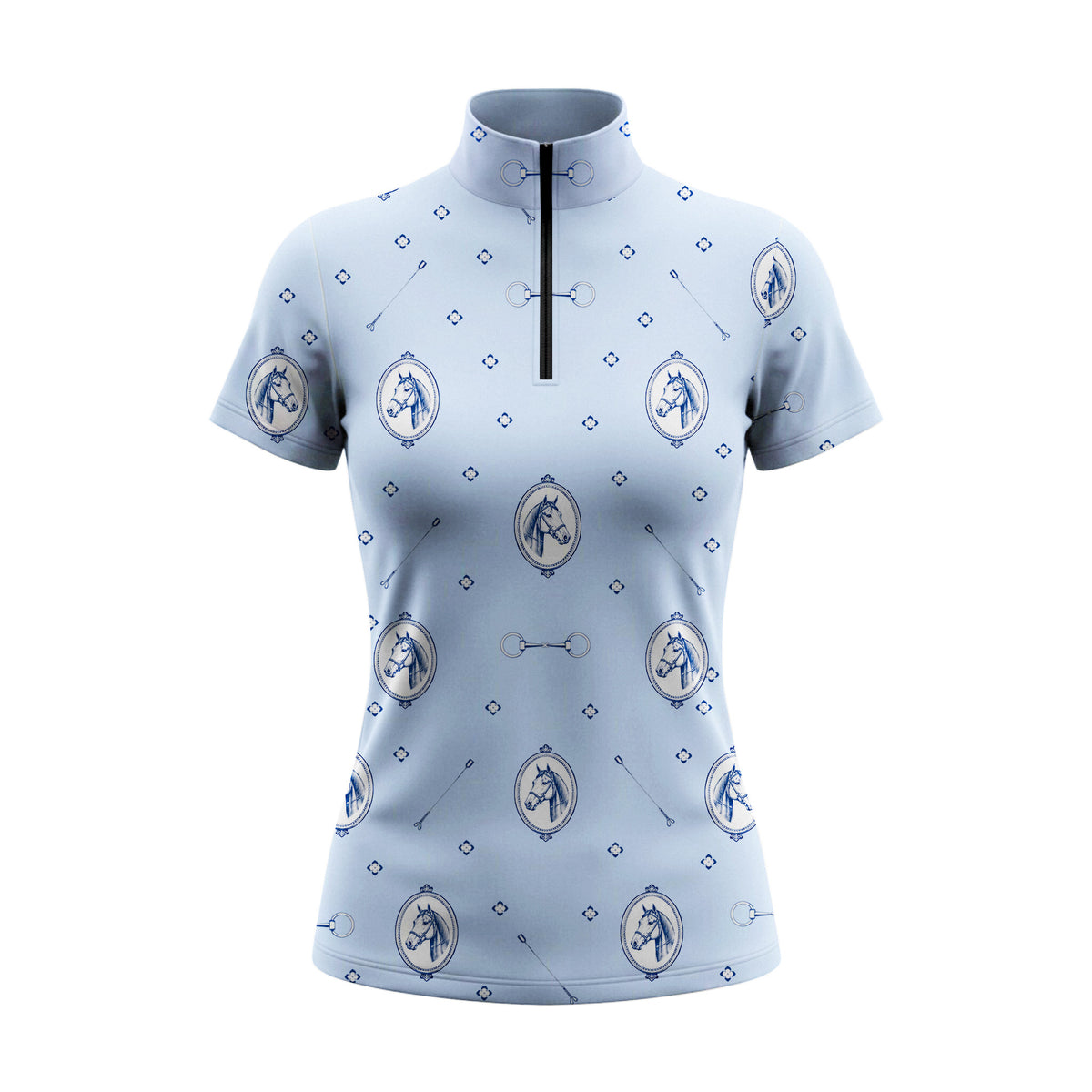 White background studio shot of pale sky blue ditsy horse portrait and equestrian tack short sleeve quarter zip riding top