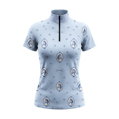 White background studio shot of pale sky blue ditsy horse portrait and equestrian tack short sleeve quarter zip riding top