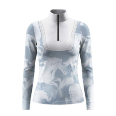 White background studio shot of pale blue stitched white chest panel translucent galloping horse twig print long sleeve quarter zip riding top