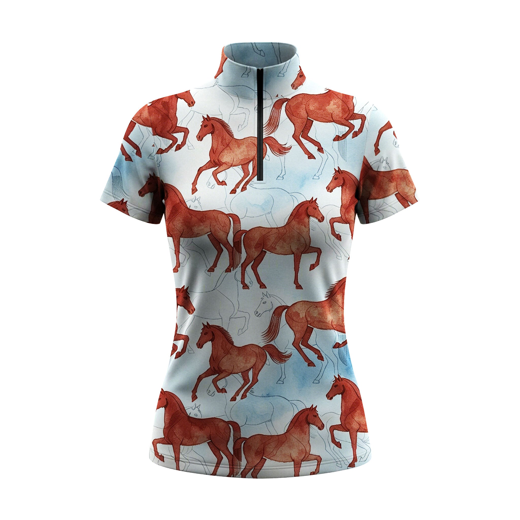 White background studio shot of pale sky blue dual-layer watercolor chestnut galloping horse allover print short sleeve quarter zip riding top