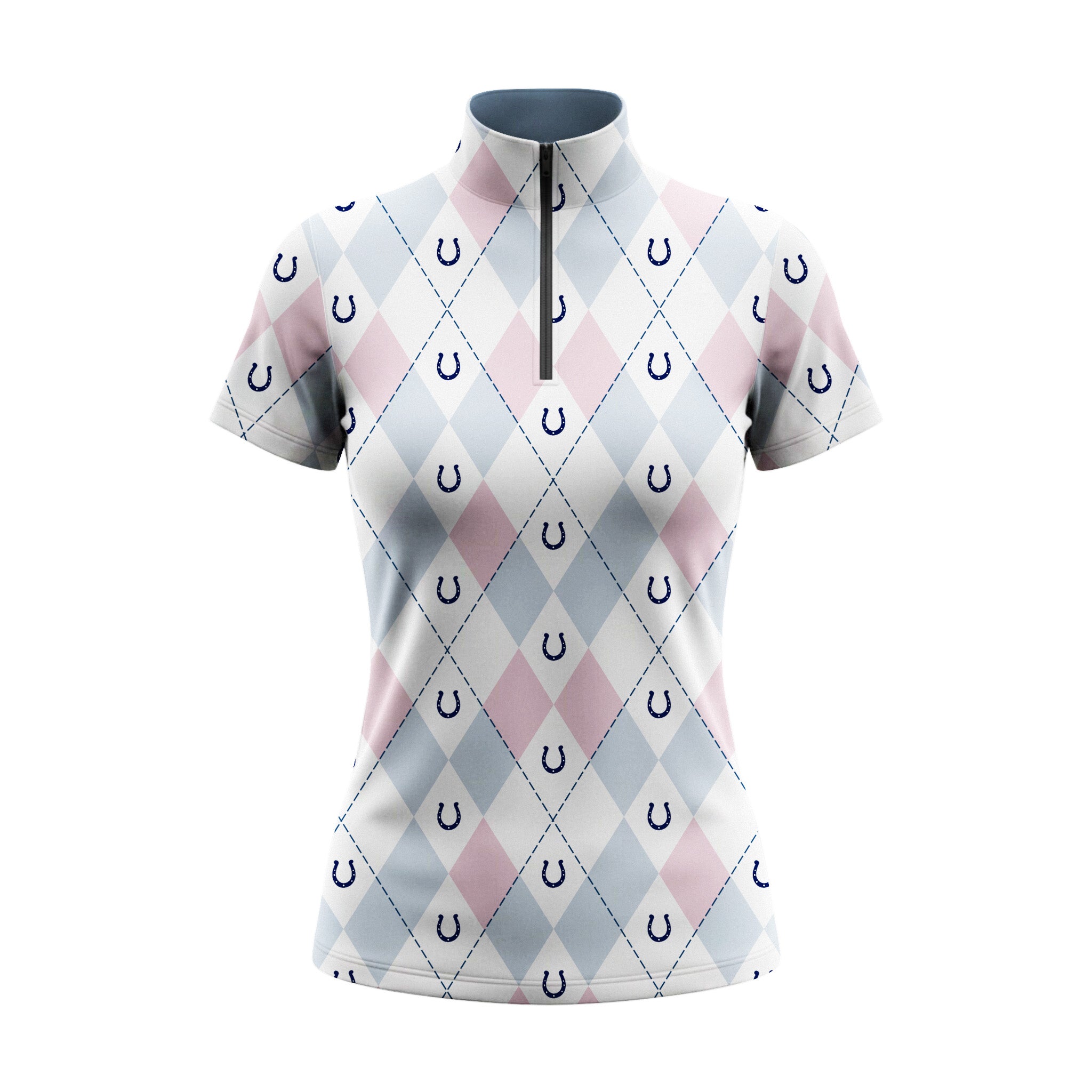 Studio flat view of the pastel version of the Argyle & Horseshoe Print Short-Sleeve Quarter-Zip Riding Top, showcasing the full print details
