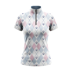 Studio flat view of the pastel version of the Argyle & Horseshoe Print Short-Sleeve Quarter-Zip Riding Top, showcasing the full print details

