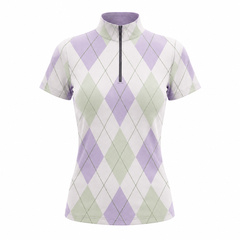 Studio flat view of the Pastel Argyle Print Short-Sleeve Quarter-Zip Riding Top, showcasing the full print details
