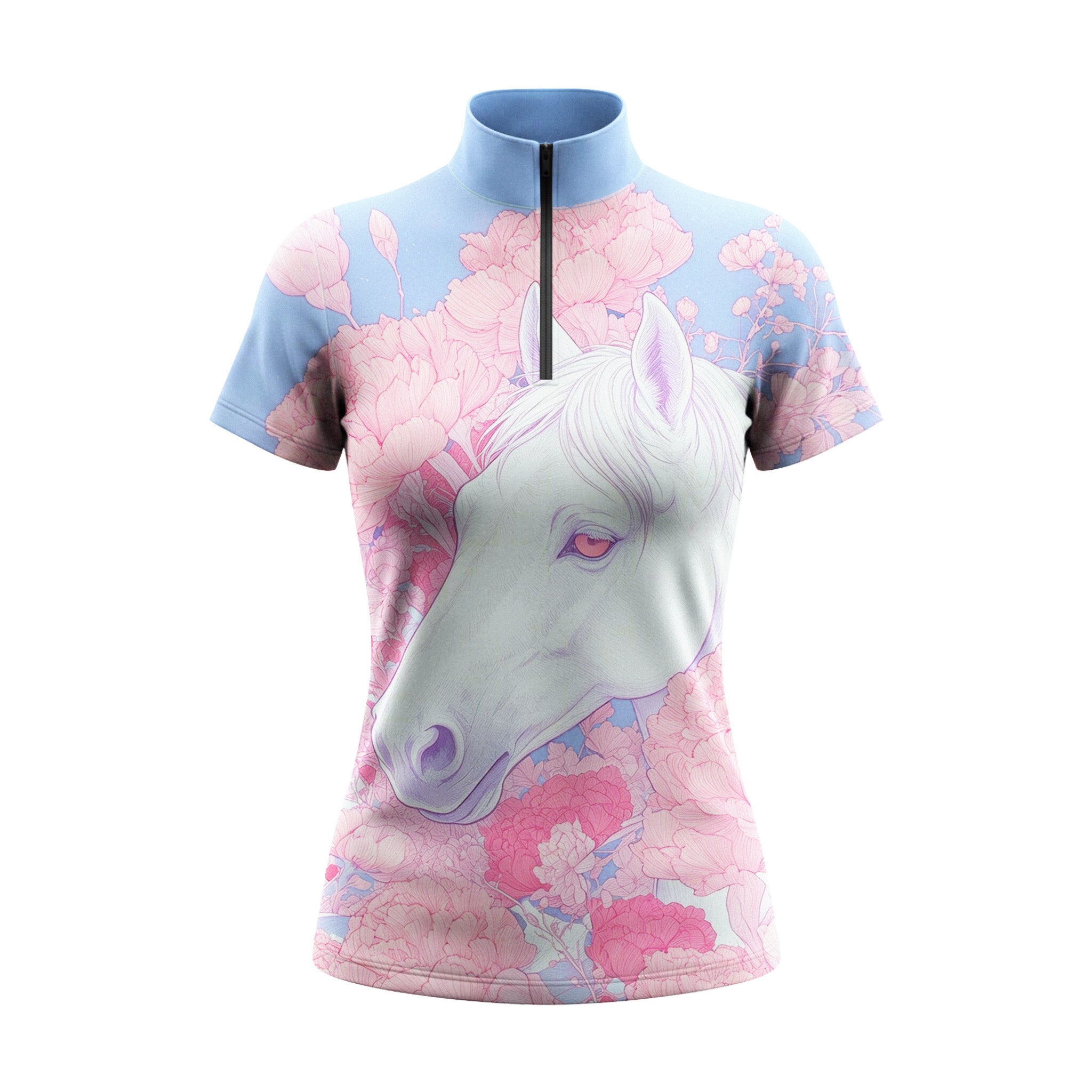 Studio flat view of the Pastel Floral & Horse Portrait Print Short-Sleeve Quarter-Zip Riding Top, showcasing the full print details

