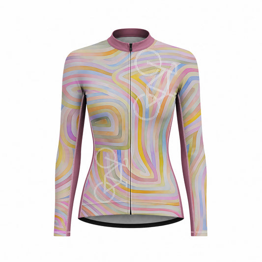 Front view flat shot of women full zip long sleeve cycling jersey with pastel multi-color swirl print and dotted bike line art, mauve collar, white background
