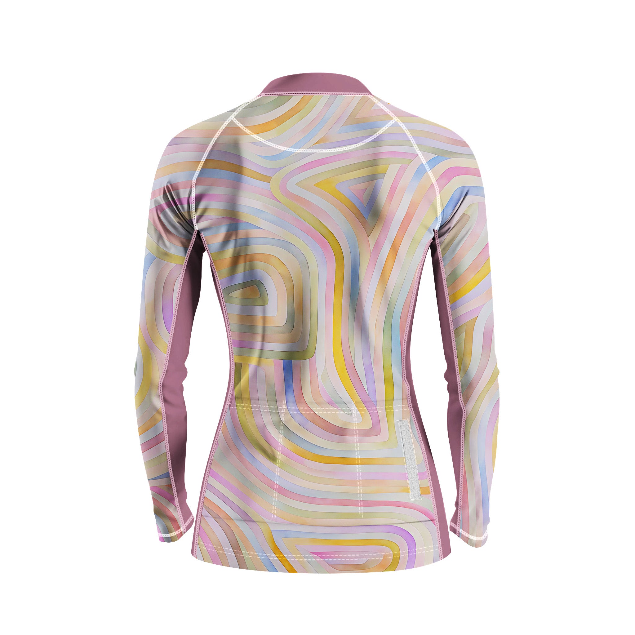 Back flat lay of women full zip cycling jersey pastel rainbow swirl print, rear storage pocket and reflective strip detail white background
