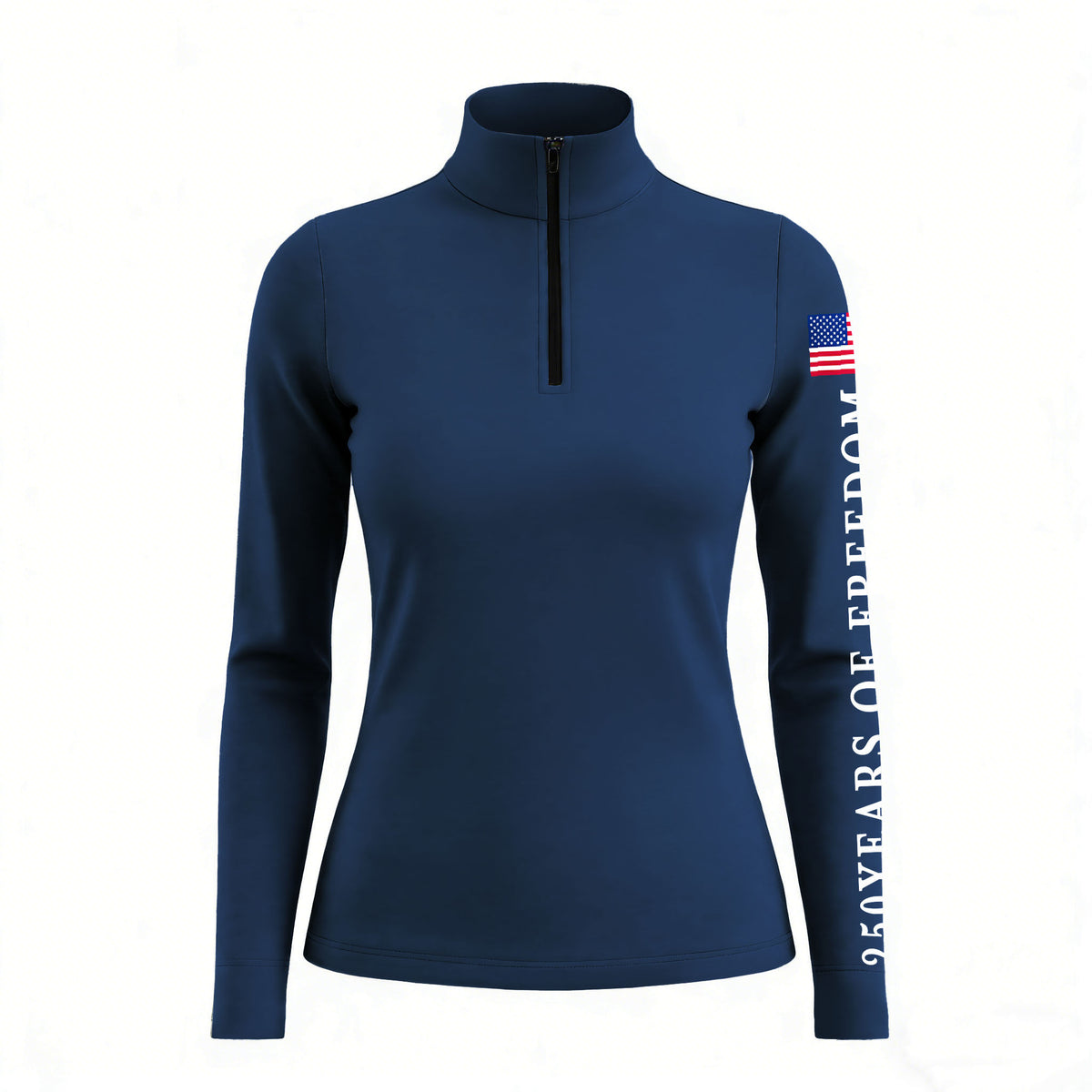 White background studio shot of navy "250 Years of Freedom" USA flag print long sleeve quarter zip riding top