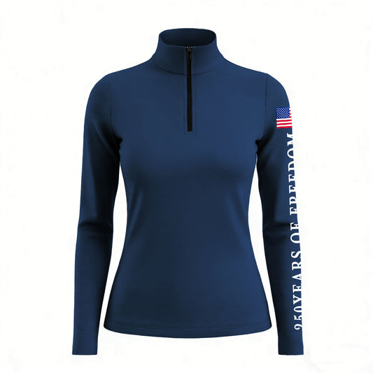 White background studio shot of navy "250 Years of Freedom" USA flag print long sleeve quarter zip riding top