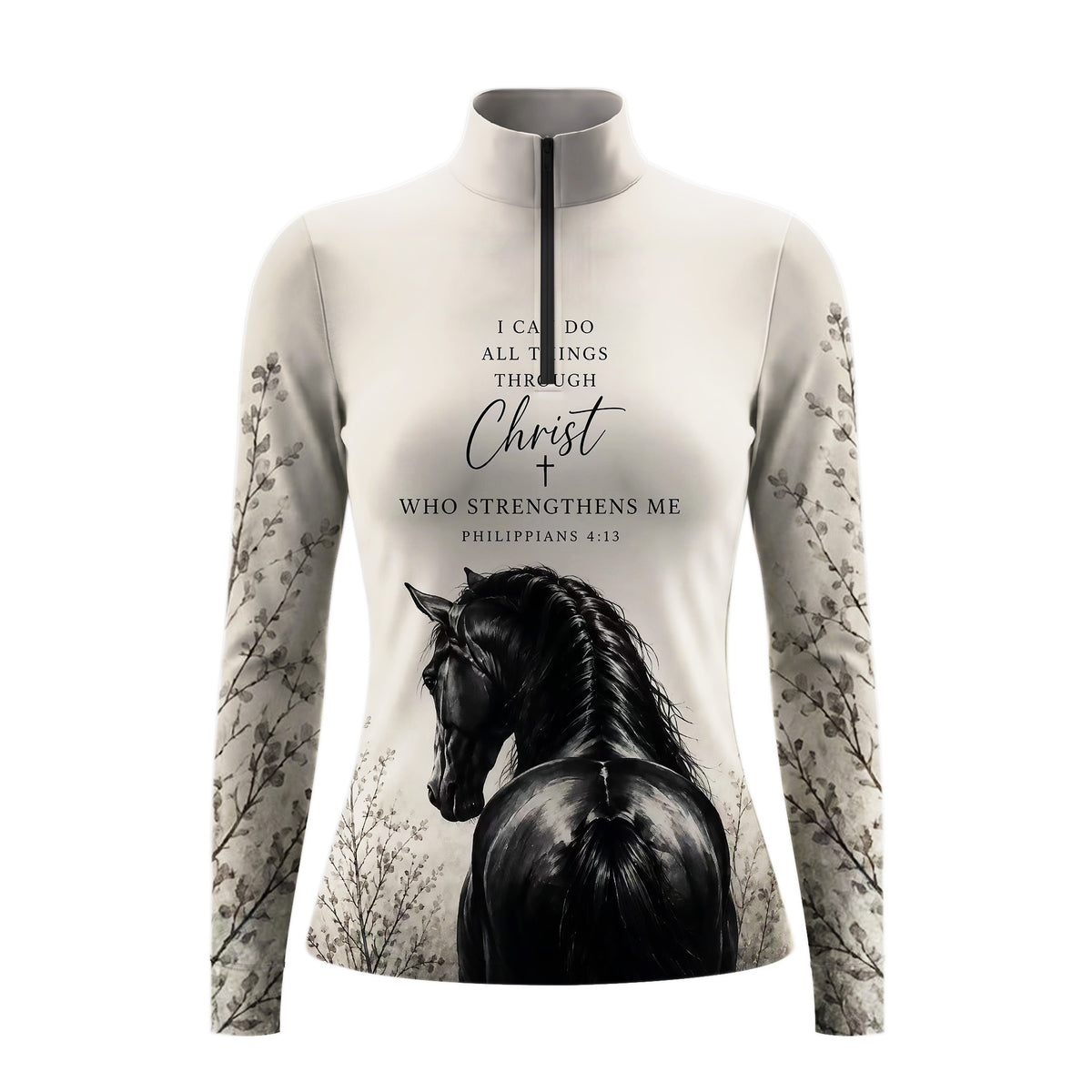 Full-body model shot wearing neutral minimal faith equestrian long sleeve top at sunlit green pasture white wooden fence, holding riding crop
