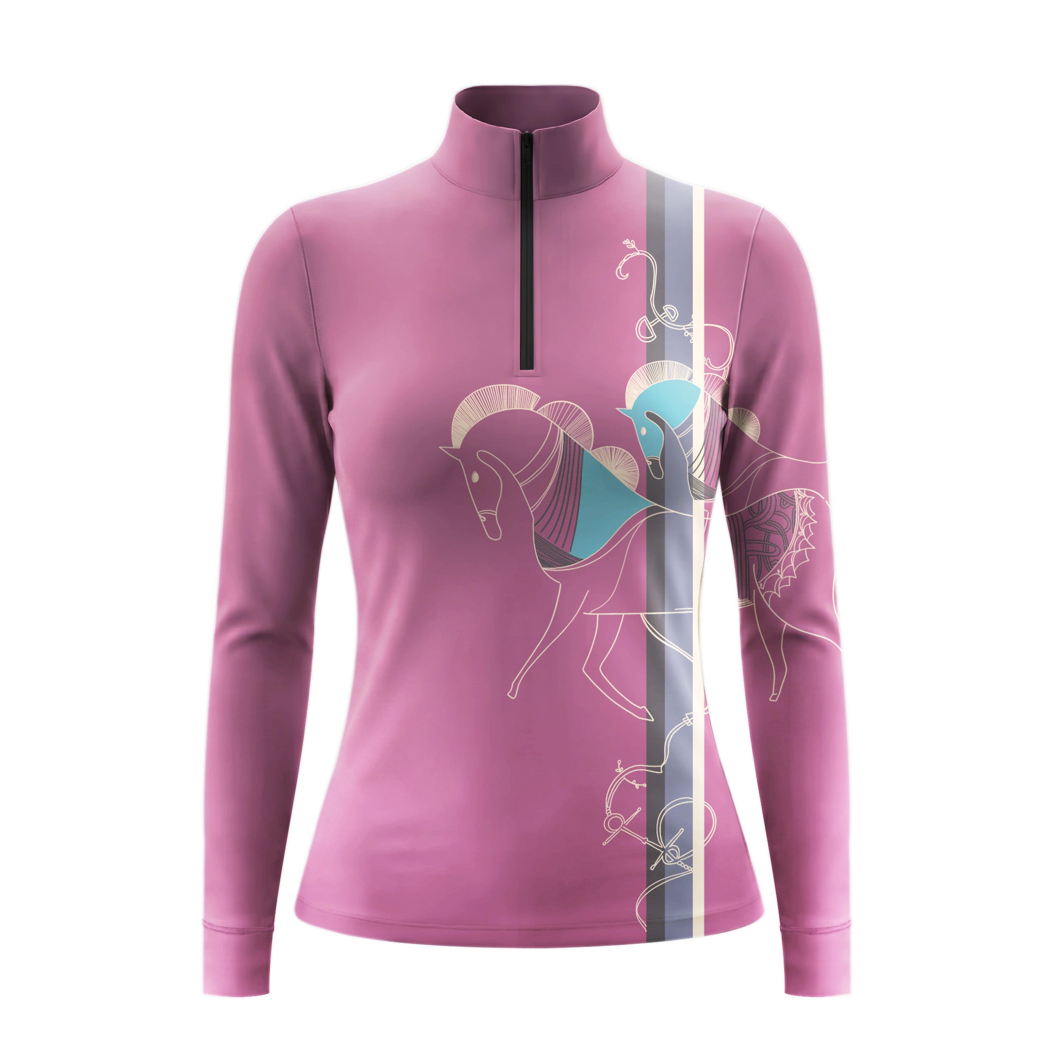 White background studio shot of dusty pink abstract geometric color block horse line art long sleeve quarter zip riding top