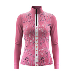 White background studio shot of dusty pink sketch grass vertical floral galloping horse stripe print long sleeve quarter zip riding top