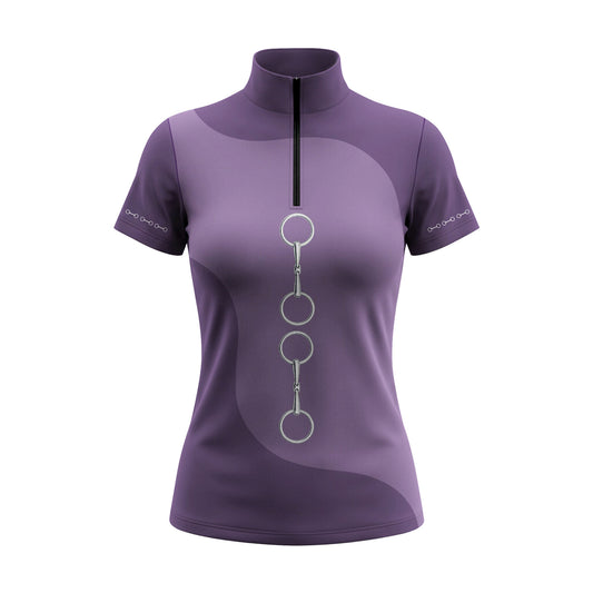 White background studio shot of plum snaffle bit accent print short sleeve quarter zip riding top