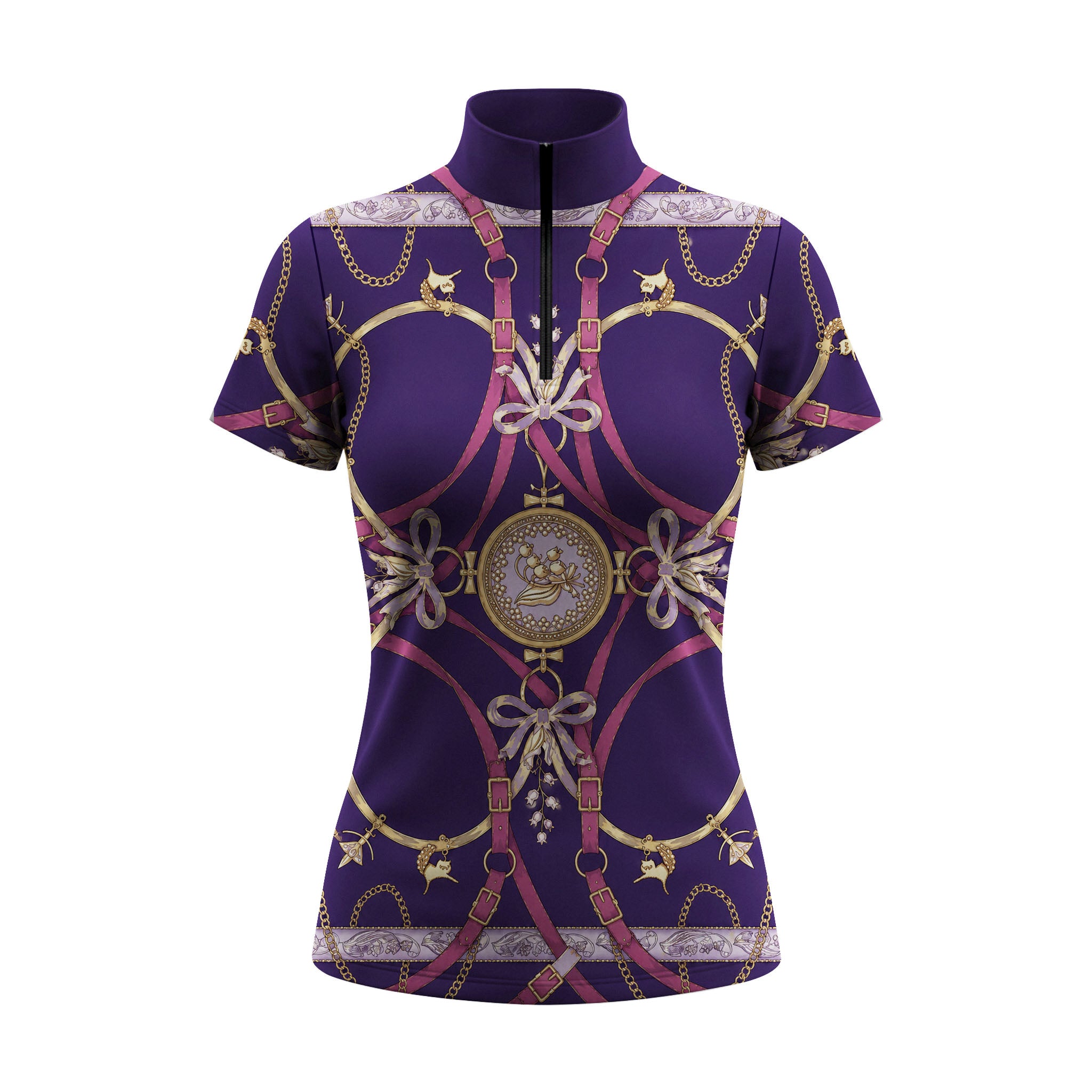 White background studio shot of purple equestrian regalia print short sleeve quarter zip riding top