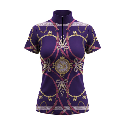 White background studio shot of purple equestrian regalia print short sleeve quarter zip riding top