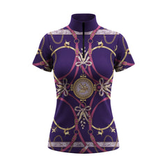 White background studio shot of purple equestrian regalia print short sleeve quarter zip riding top