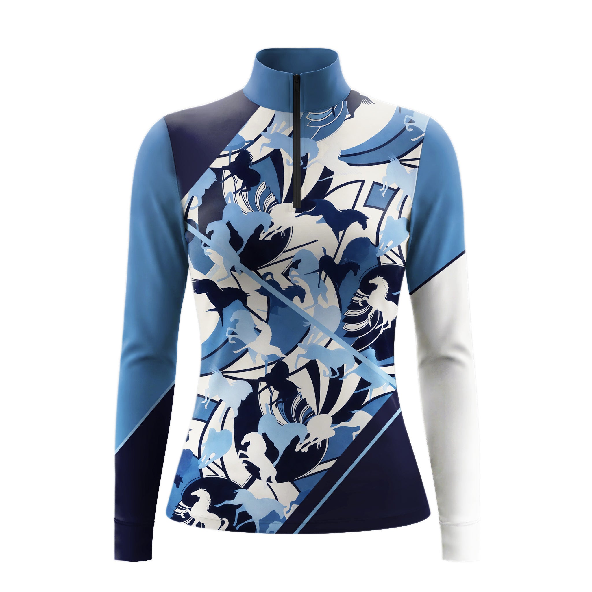 Studio flat view of the RIDER ATELIER Abstract Blue Horse Silhouette Long-Sleeve Quarter-Zip Riding Top, showcasing the full print and colour-blocked sleeves
