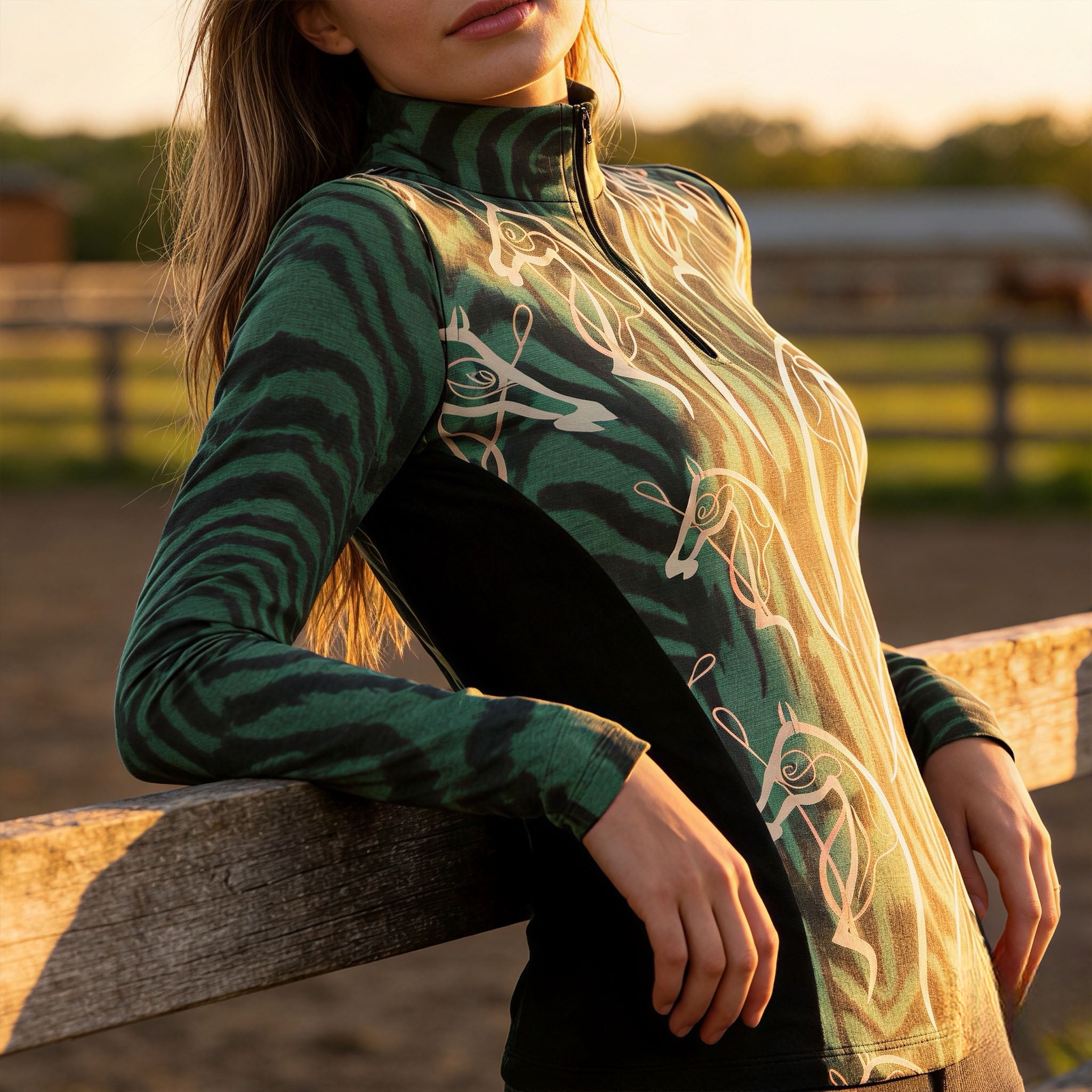 Woman wearing RIDER ATELIER abstract horse head zebra print quarter-zip top at sunset leaning on a wooden fence with a horse