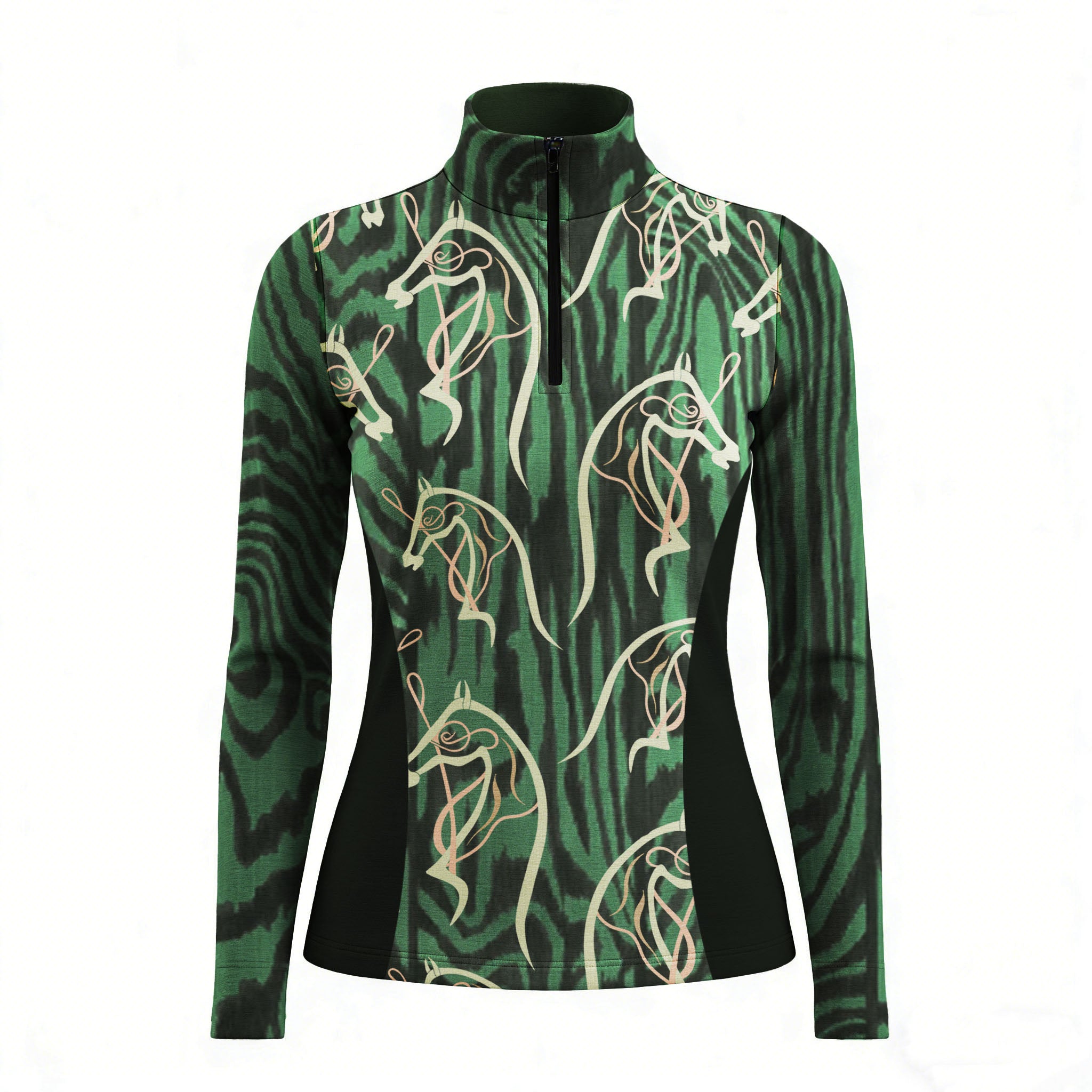 RIDER ATELIER abstract horse head zebra print quarter-zip top on white background, front view