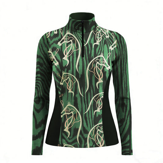 RIDER ATELIER abstract horse head zebra print quarter-zip top on white background, front view