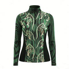 RIDER ATELIER abstract horse head zebra print quarter-zip top on white background, front view