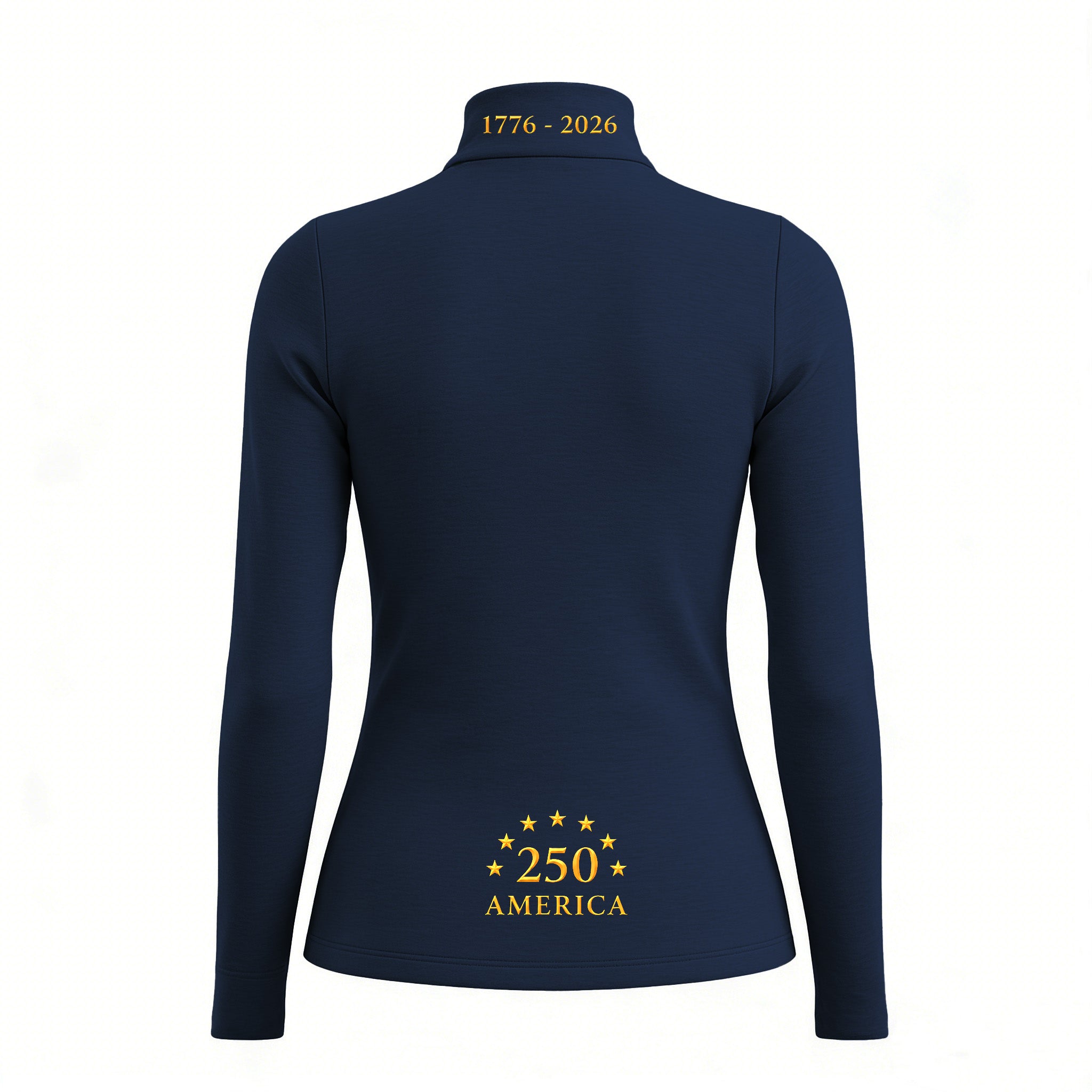 Back view of the RIDER ATELIER American Eagle Semiquincentennial Riding Top, showcasing the commemorative text print on the collar and hem
