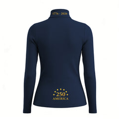 Back view of the RIDER ATELIER American Eagle Semiquincentennial Riding Top, showcasing the commemorative text print on the collar and hem
