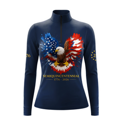 Studio flat view of the RIDER ATELIER American Eagle Semiquincentennial Long-Sleeve Quarter-Zip Riding Top, showcasing the full print and quarter-zip collar
