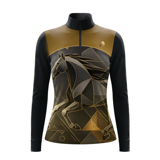 Studio shot of the RIDER ATELIER Black & Gold Geometric Horse Print Long-Sleeve Quarter-Zip Riding Top, showing the full geometric horse print, black & gold color scheme, quarter-zip collar, and fabric texture against a clean white background
