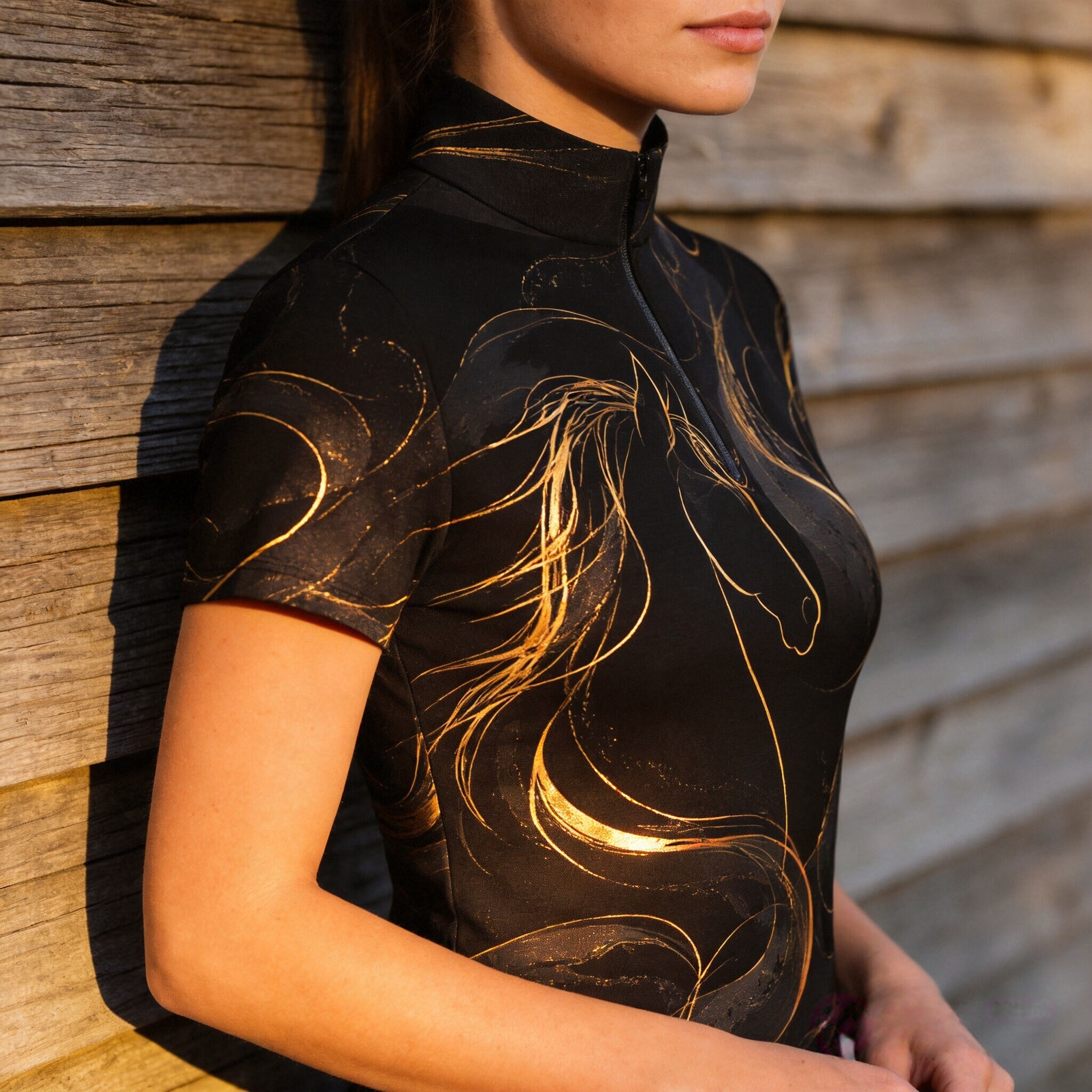 Close-up of the RIDER ATELIER Black & Gold Abstract Horse Line Art Riding Top against a wooden wall, showcasing the print’s shimmering gold details
