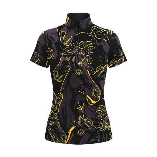 RIDER ATELIER black gold abstract horse print quarter-zip short sleeve top on white background, front view
