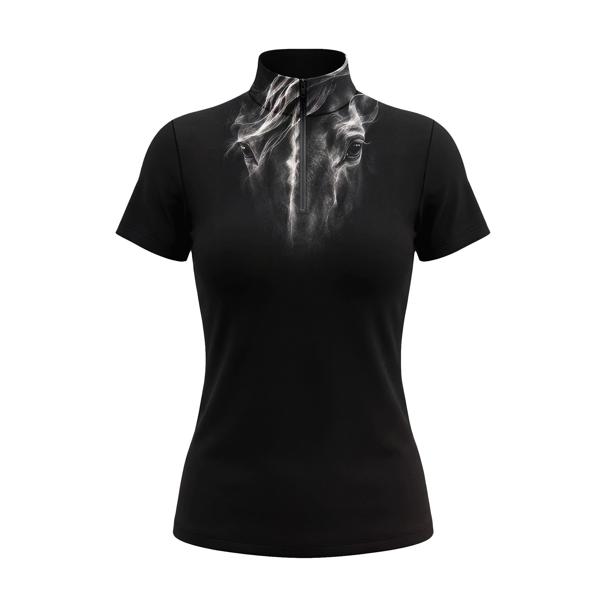 Studio flat view of the RIDER ATELIER Black Horse Portrait Short-Sleeve Quarter-Zip Riding Top, showcasing the full print and quarter-zip collar
