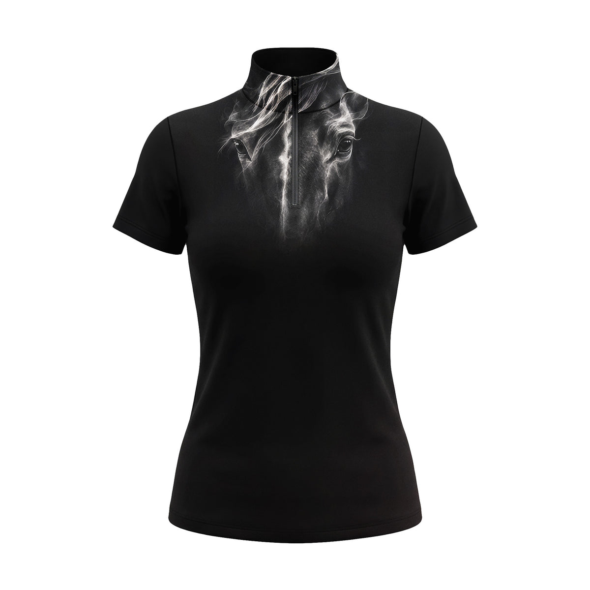 Studio flat view of the RIDER ATELIER Black Horse Portrait Short-Sleeve Quarter-Zip Riding Top, showcasing the full print and quarter-zip collar
