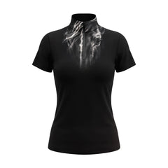 Studio flat view of the RIDER ATELIER Black Horse Portrait Short-Sleeve Quarter-Zip Riding Top, showcasing the full print and quarter-zip collar
