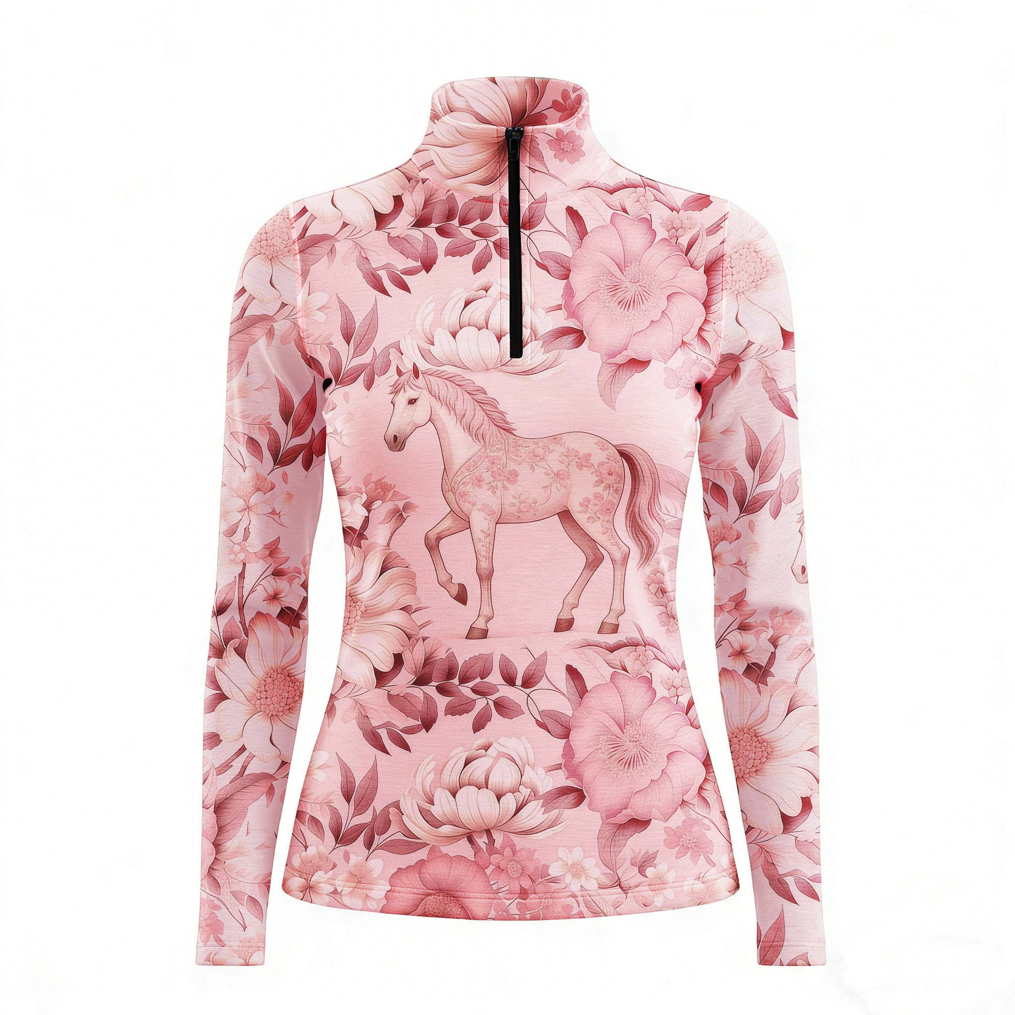 RIDER ATELIER blush floral horse pink quarter-zip top on white background, front view
