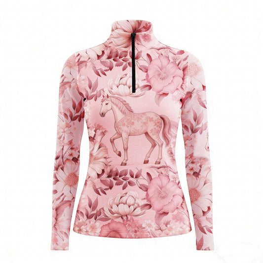 RIDER ATELIER blush floral horse pink quarter-zip top on white background, front view