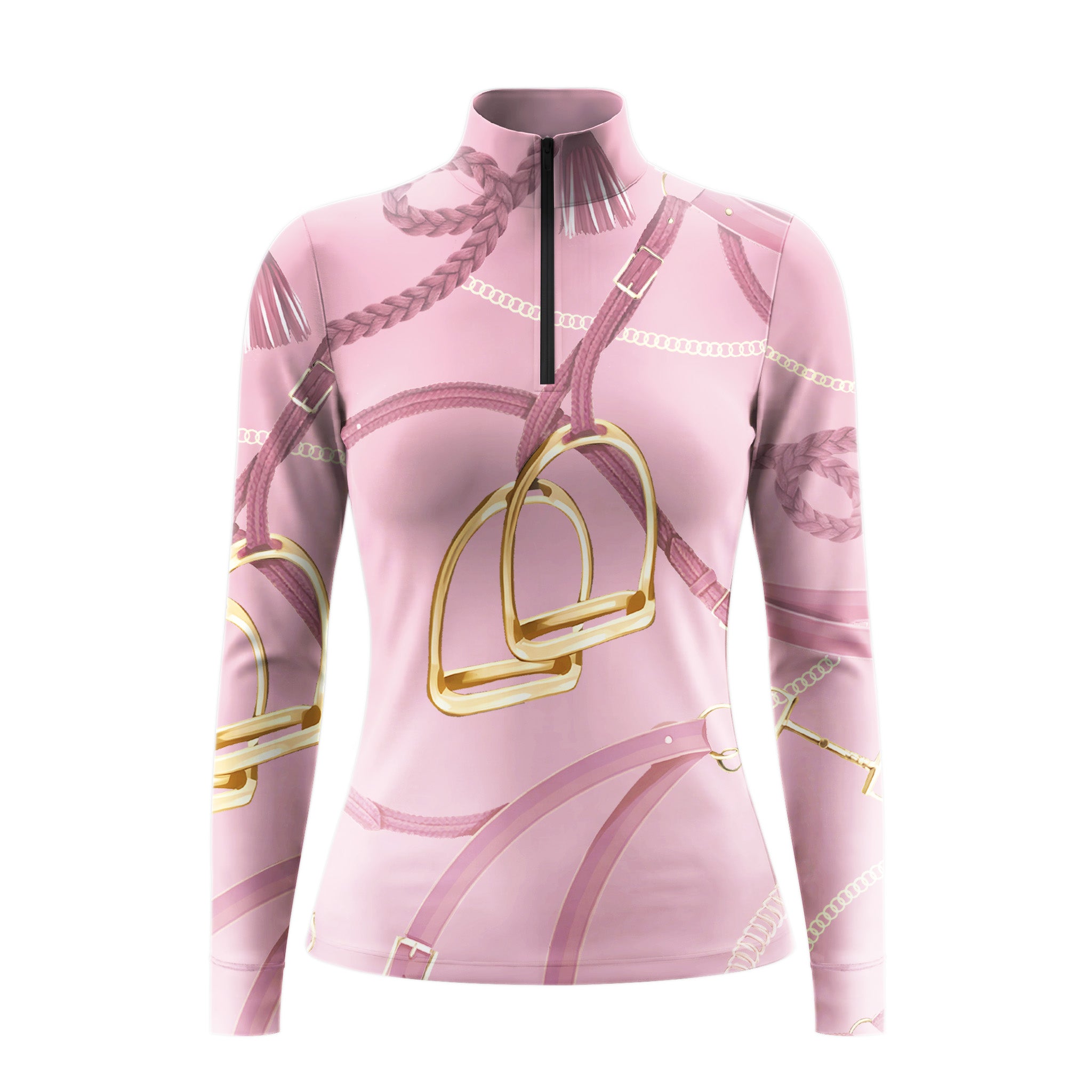 Studio flat view of the RIDER ATELIER Blush Pink Equestrian Tack Print Long-Sleeve Quarter-Zip Riding Top, showcasing the full tack print and quarter-zip collar
