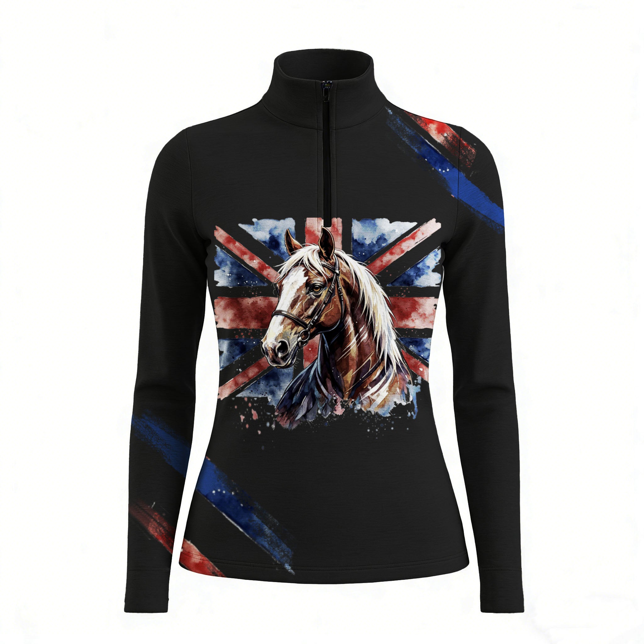 RIDER ATELIER British flag horse quarter-zip top on white background, front view

