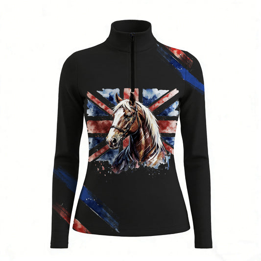 RIDER ATELIER British flag horse quarter-zip top on white background, front view
