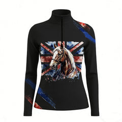 RIDER ATELIER British flag horse quarter-zip top on white background, front view
