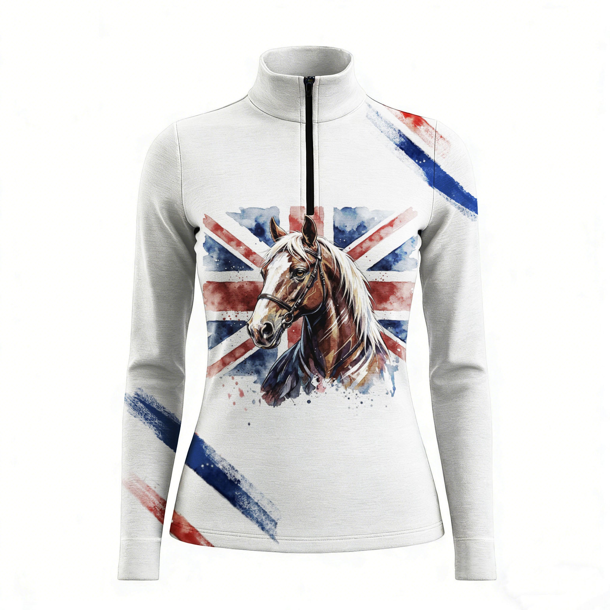 RIDER ATELIER British flag horse quarter-zip top on white background, front view
